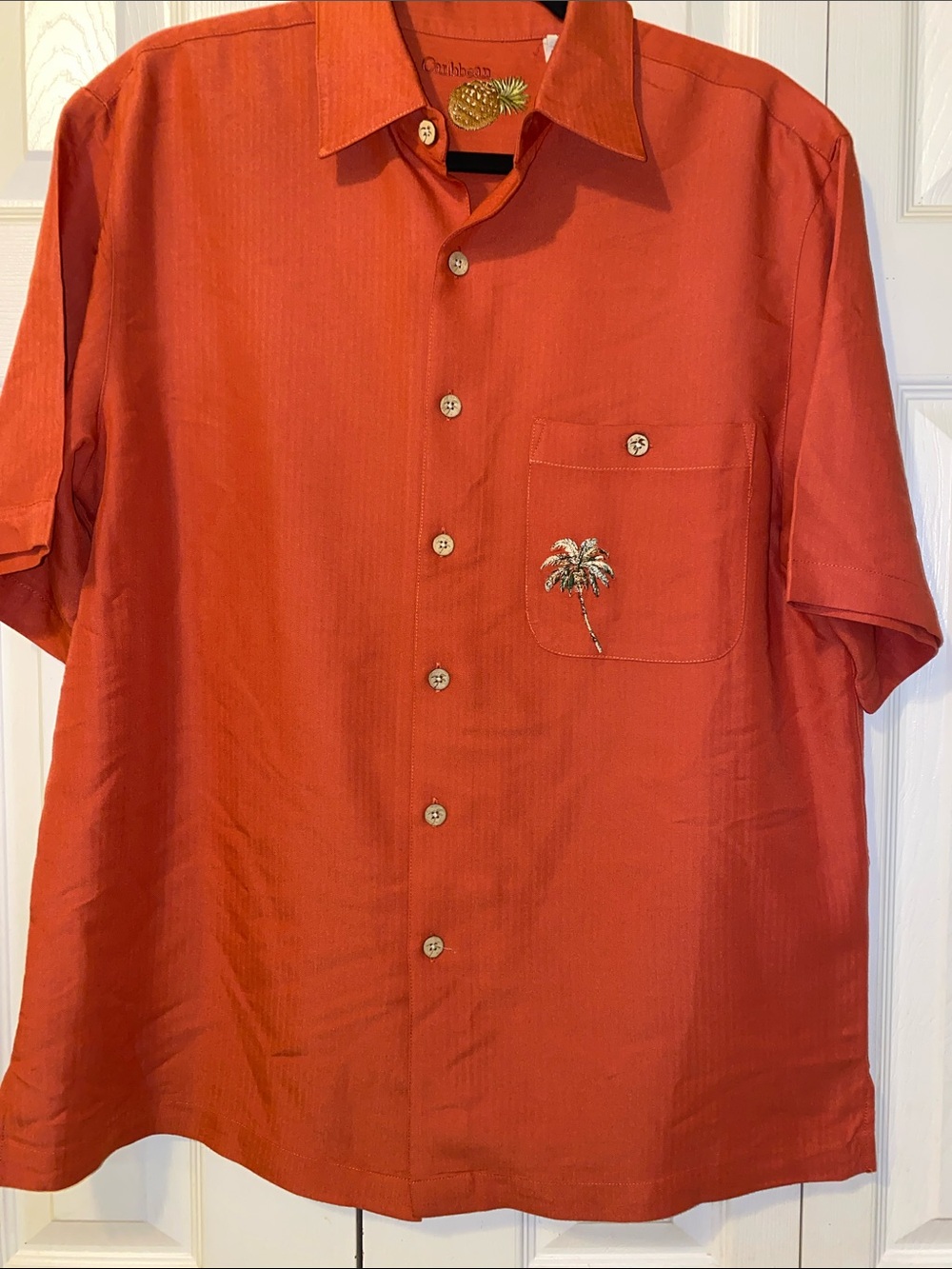 Caribbean Rust-Orange Short Sleeve Camp Shirt with Embroidery on Pocket and Back